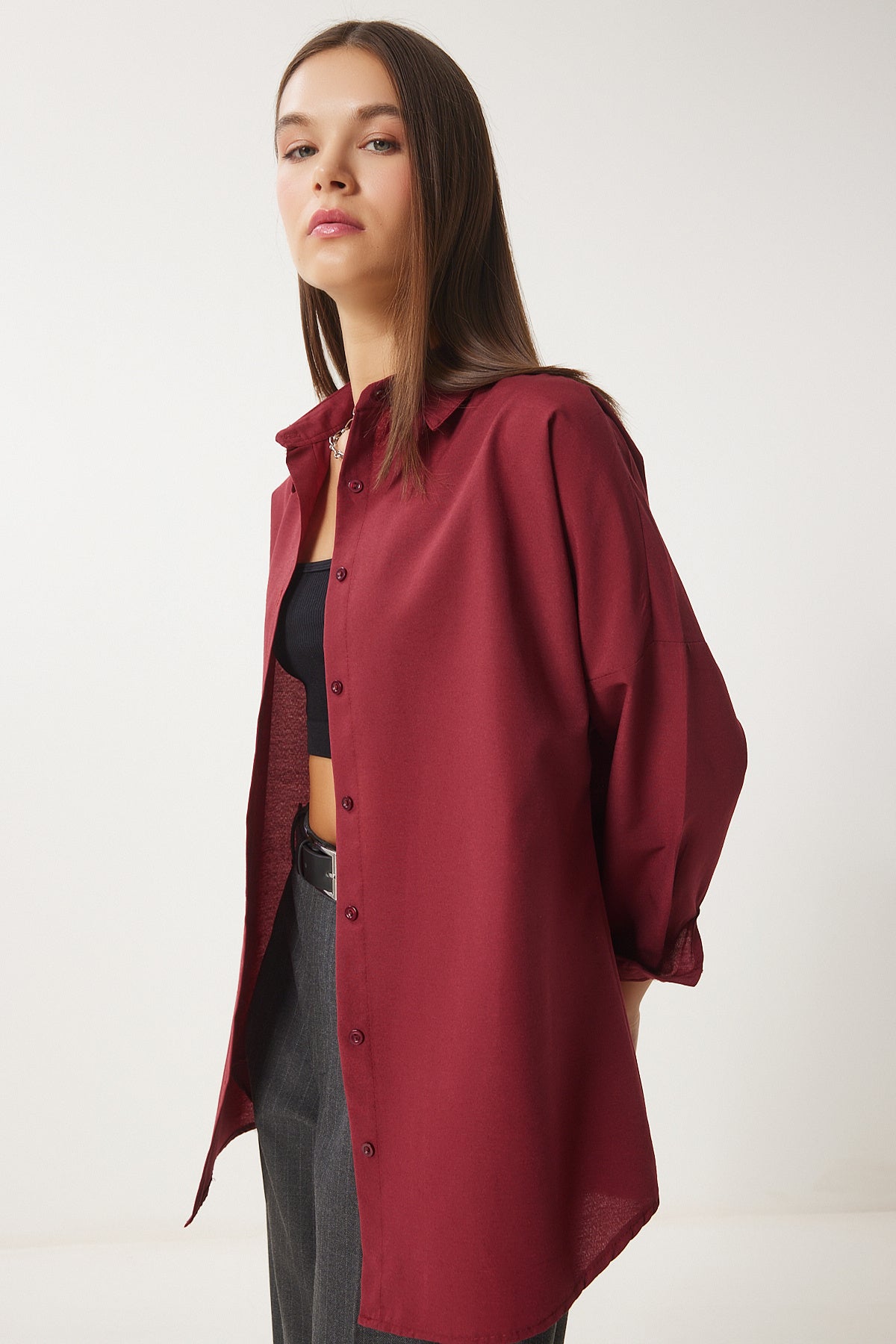 Bordo Oversize Uzun Basic Gömlek  DD00842