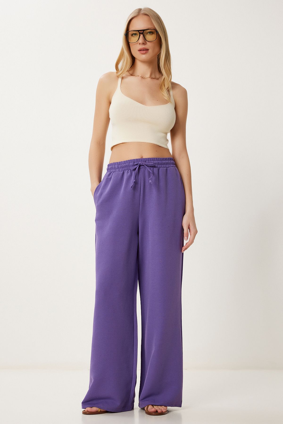 Mor Geniş Paça Keten Pantolon DP00261