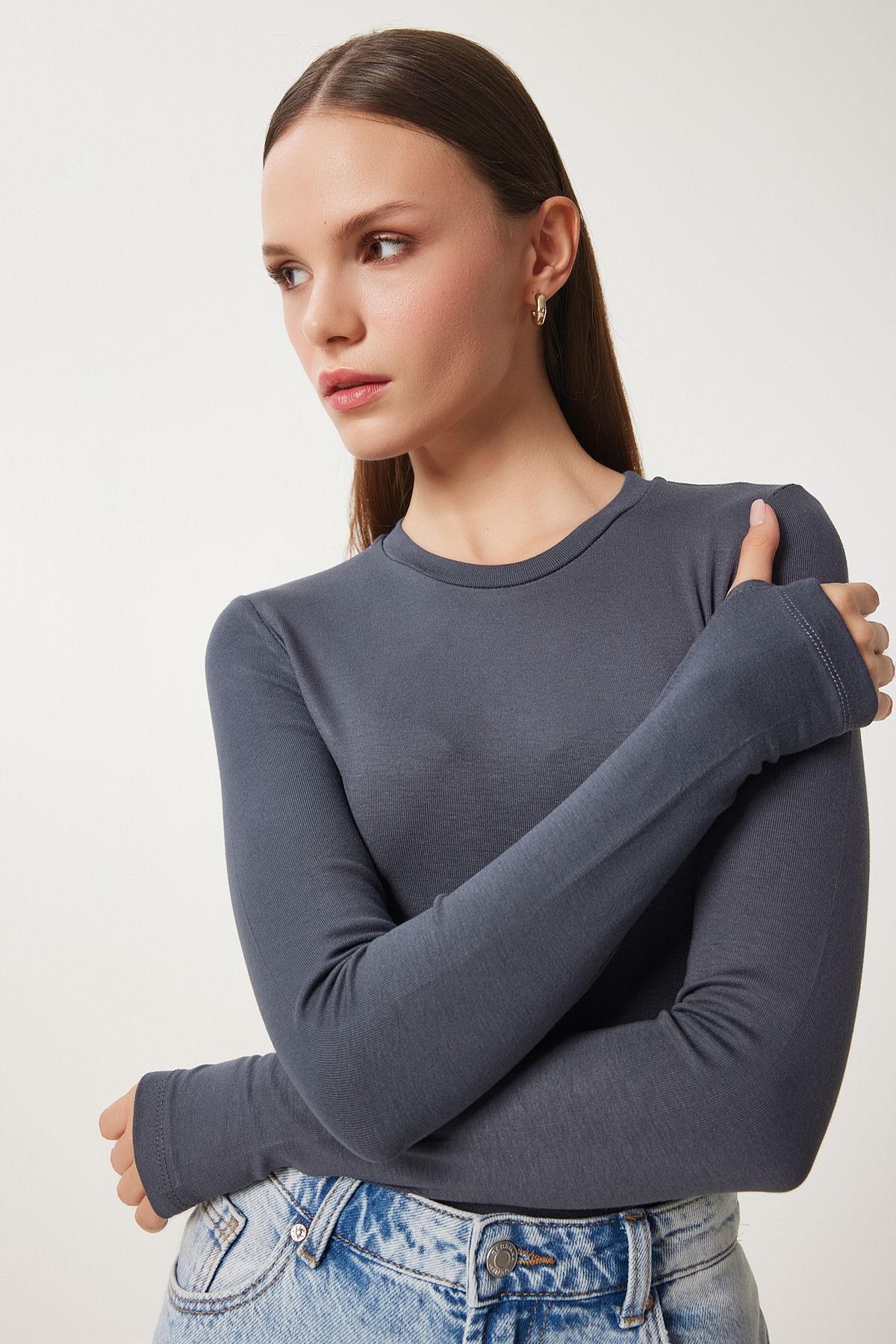 Antrasit Bisiklet Yaka Basic Örme Bluz CR00439