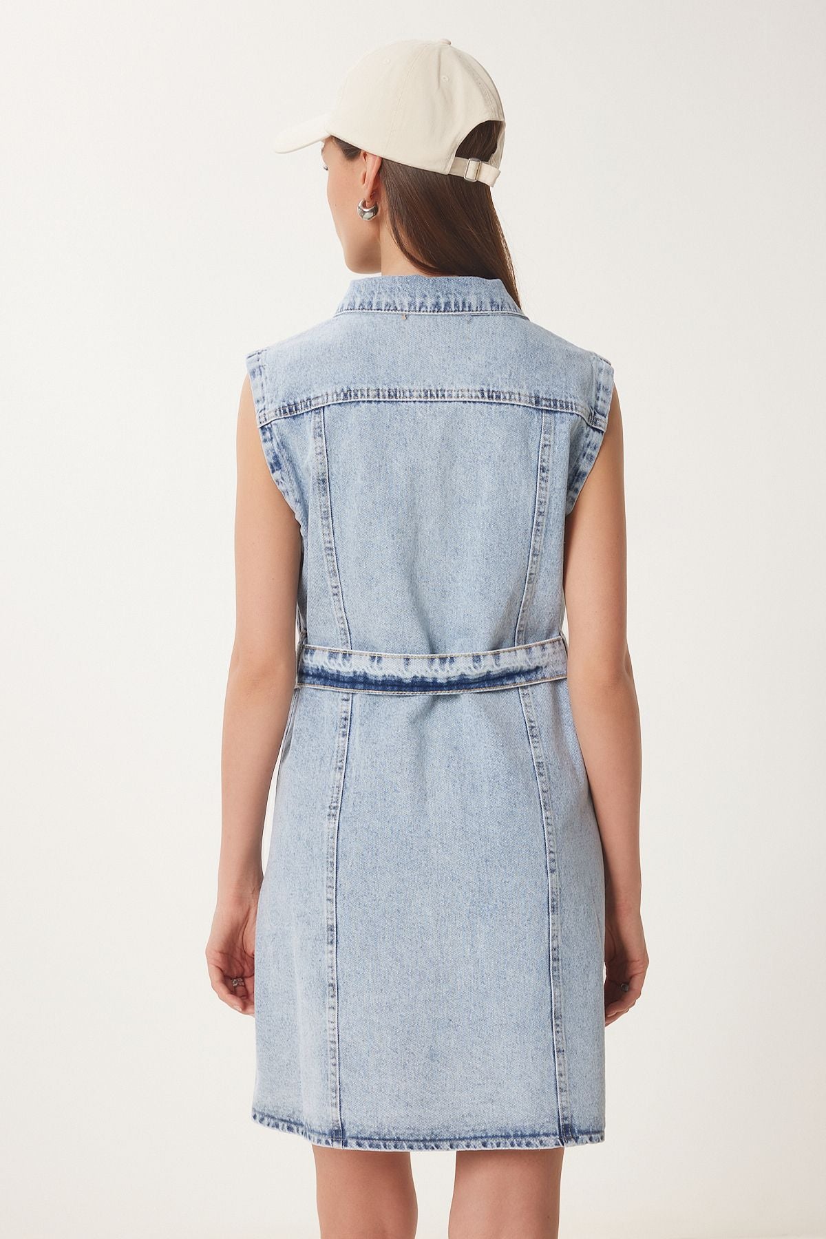 Açık Mavi Kuşaklı Mini Denim Elbise AN00236