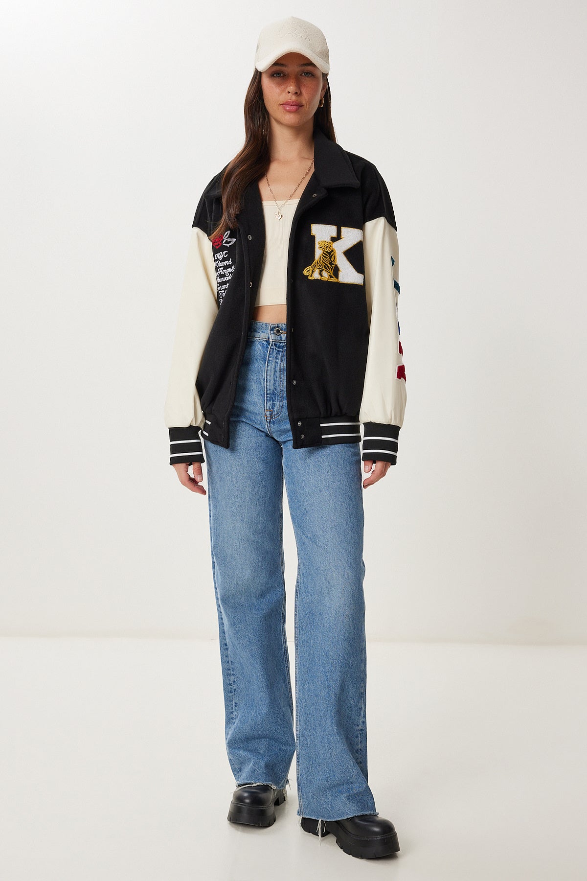 Siyah Sloganlı Oversize Kaşe Kolej Ceket RG00079