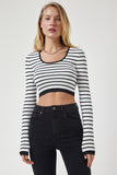 Beyaz Çizgili Fitilli Crop Triko Bluz PF00067