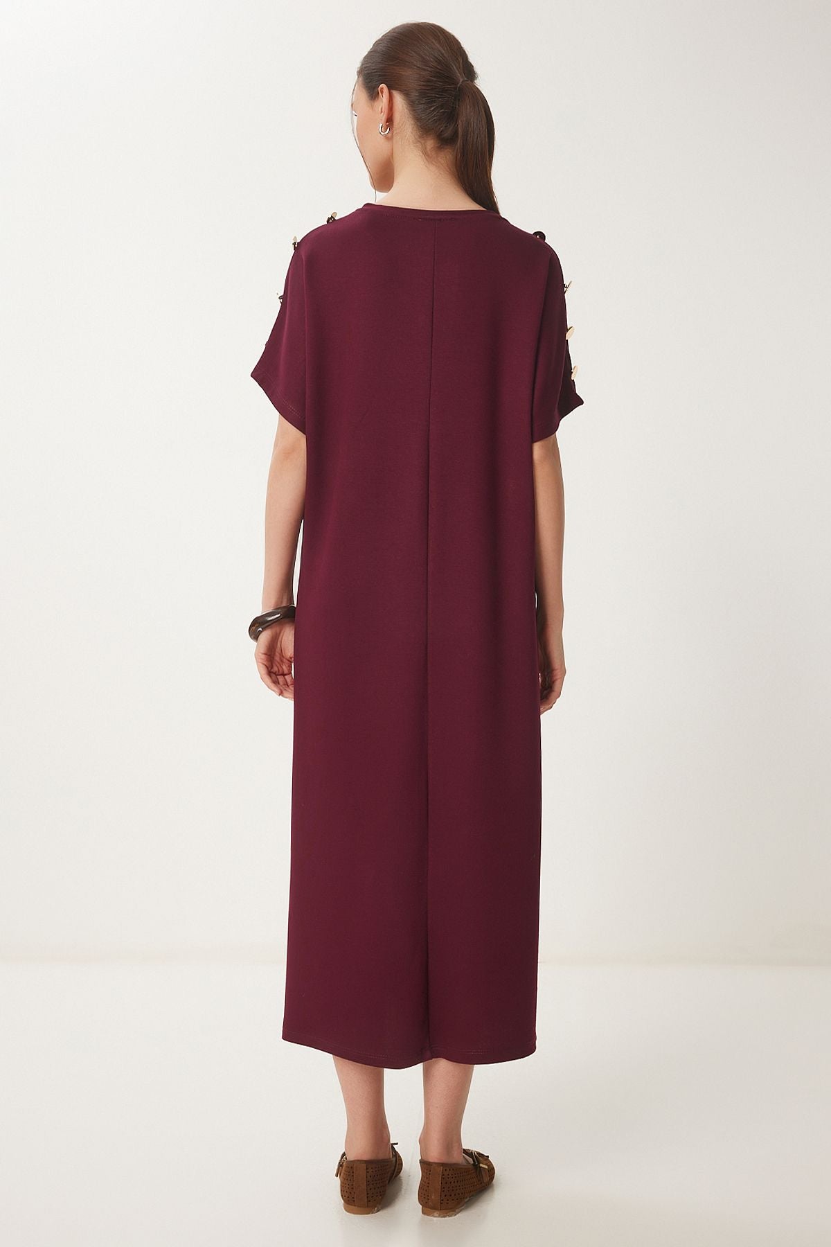 Bordo Düğme Detaylı Yazlık Örme Elbise ZV00291
