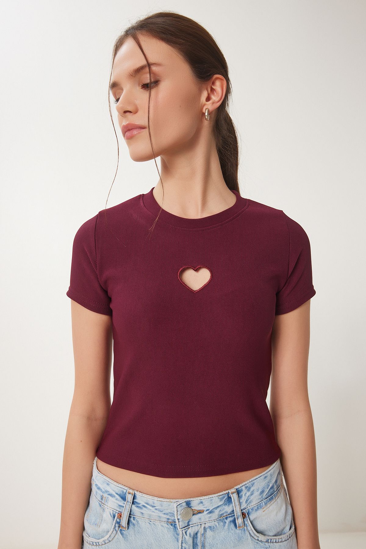 Bordo Kalp Nakışlı Fitilli Örme T-Shirt ZV00289