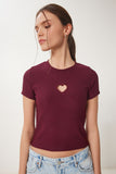 Bordo Kalp Nakışlı Fitilli Örme T-Shirt ZV00289