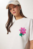 Ekru Çiçek Baskılı Oversize Örme T-Shirt ZV00282