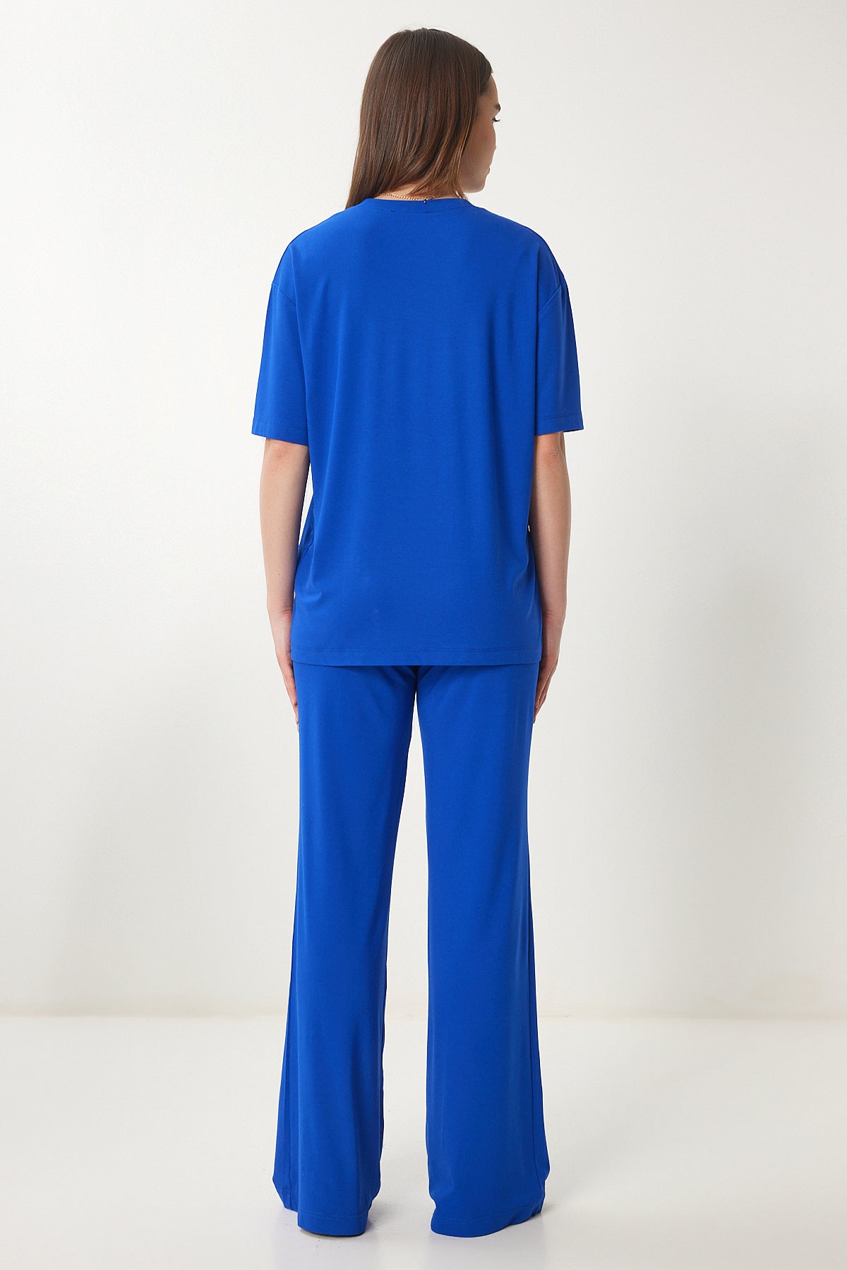 Koyu Mavi Oversize Örme T-Shirt Pantolon Takım FN03452