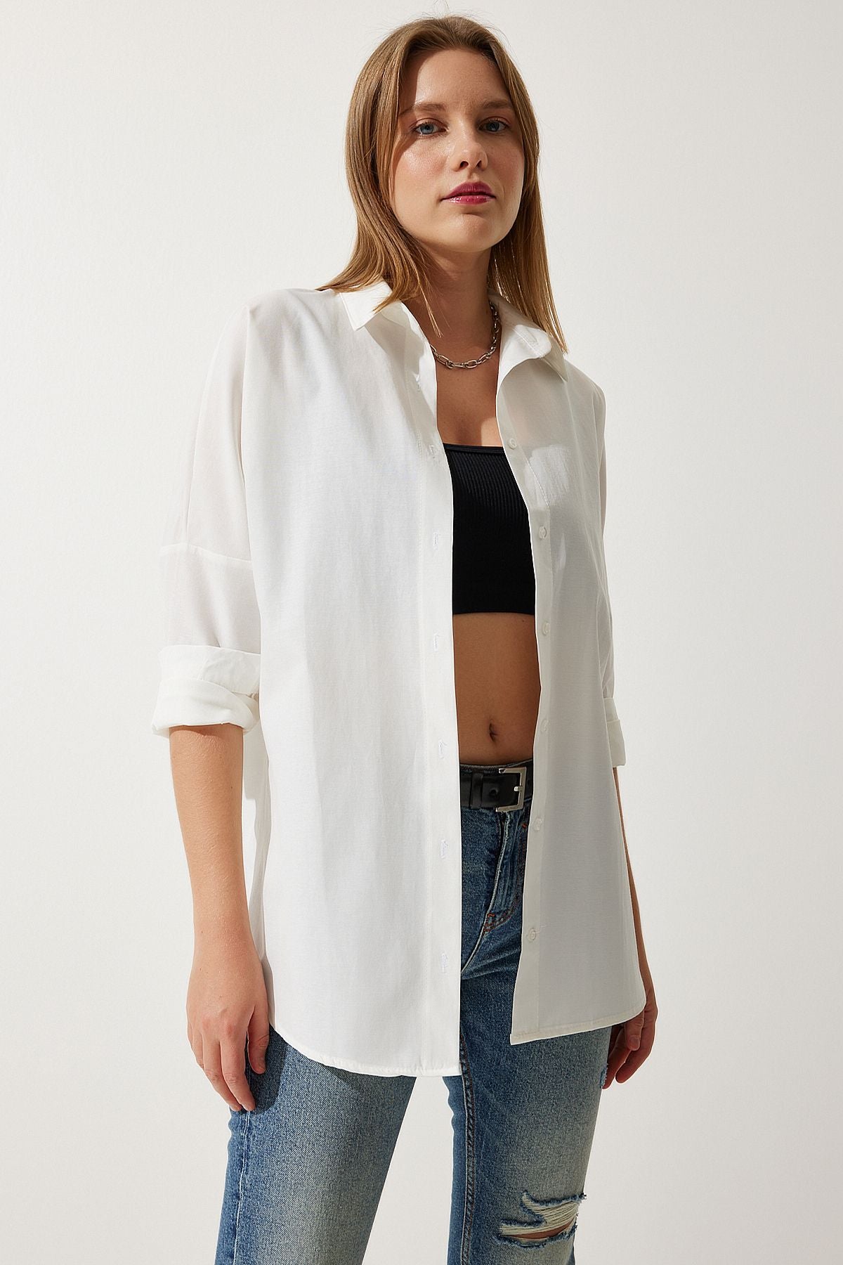Ekru Oversize Uzun Basic Gömlek DD00842