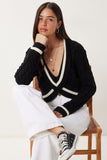 Siyah Kontrast Renkli Crop Triko Kazak RW00007