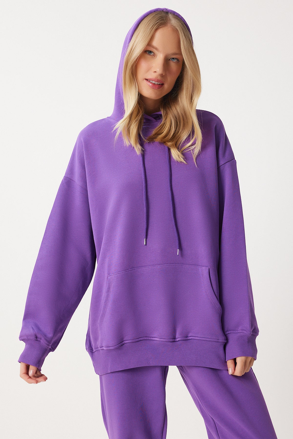 Mor Kapüşonlu Sweatshirt Jogger Oversize Örme Eşofman Takımı PYS0027
