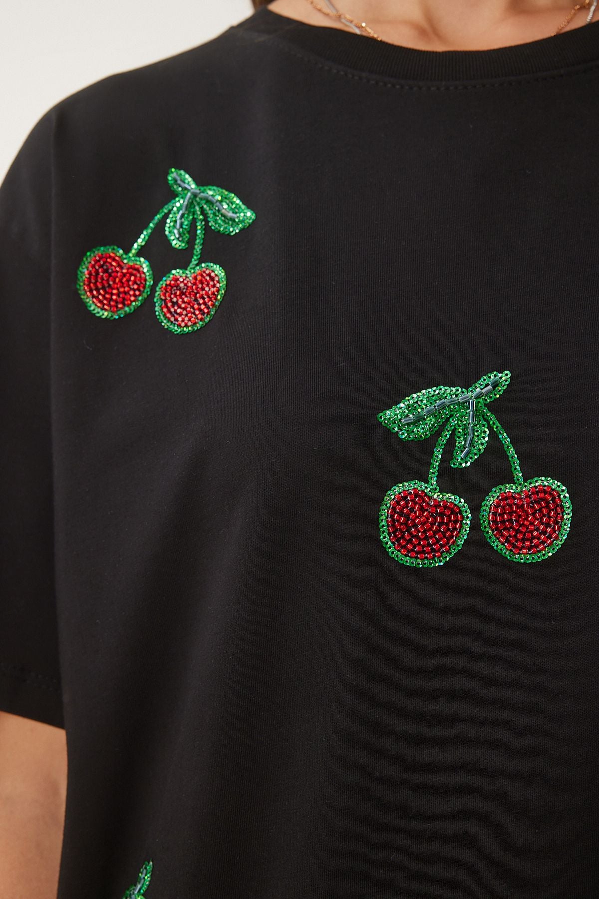 Siyah Boncuk Detaylı Örme T-Shirt BW00002