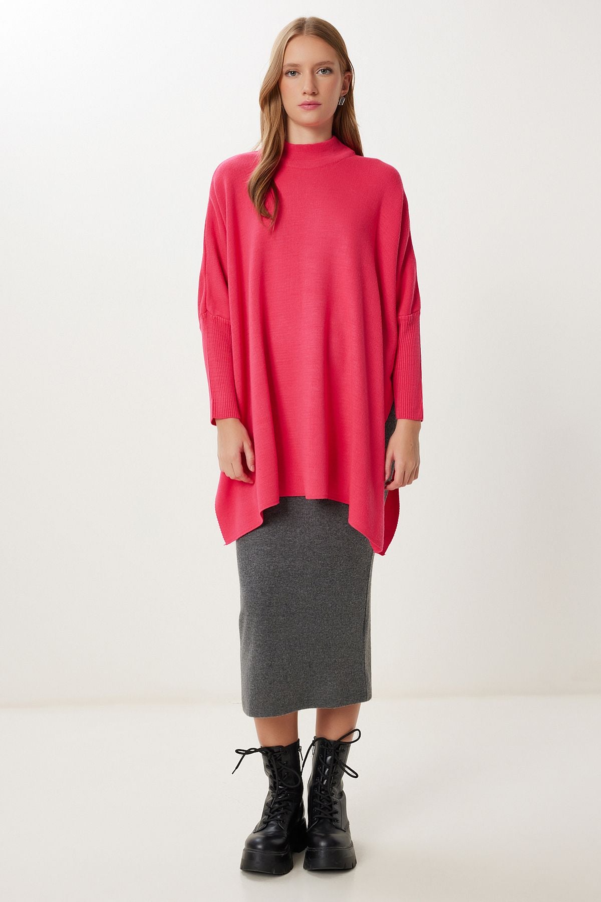 Koyu Pembe Yandan Yırtmaçlı Oversize Panço Kazak YY00005