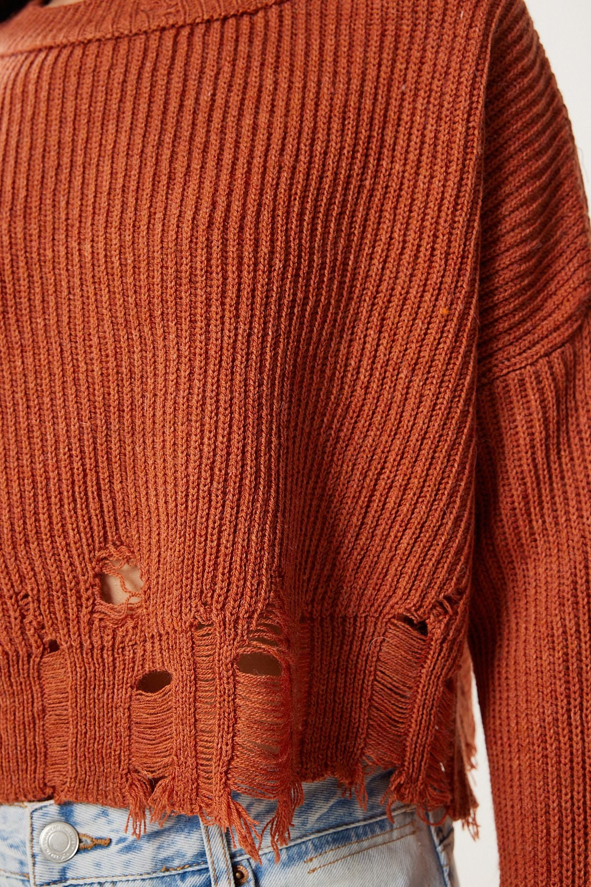 Tarçın Yırtık Detaylı Oversize Triko Kazak ki00098