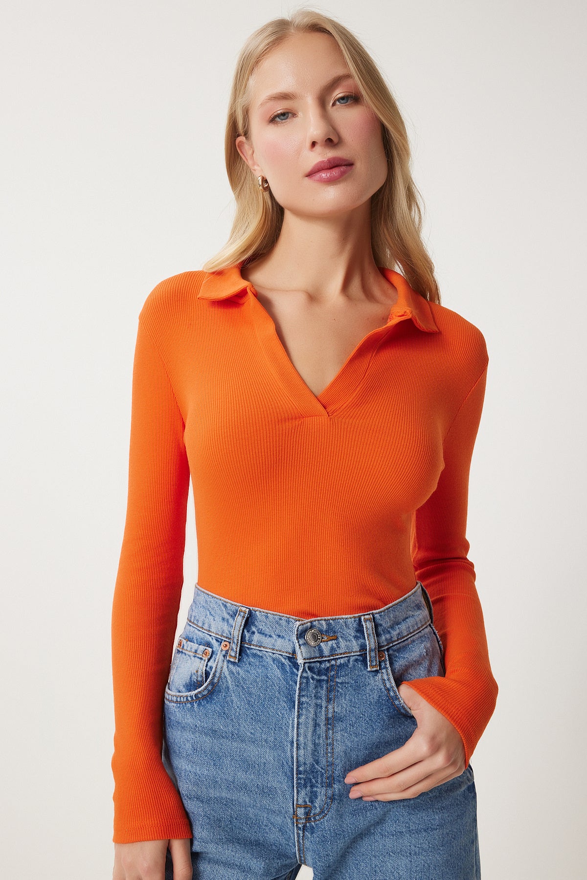 Oranj Yeşil 2'Li Polo Yaka Fitilli Örme Bluz GT00232