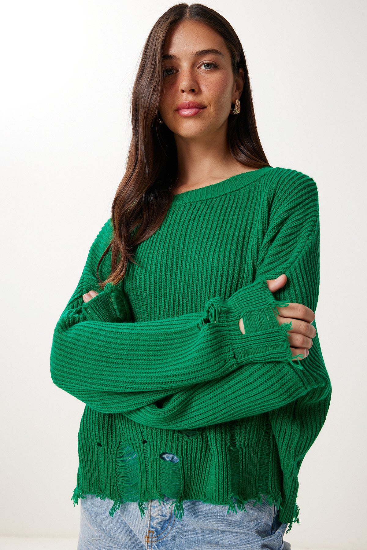 Koyu Yeşil Yırtık Detaylı Oversize Triko Kazak ki00098