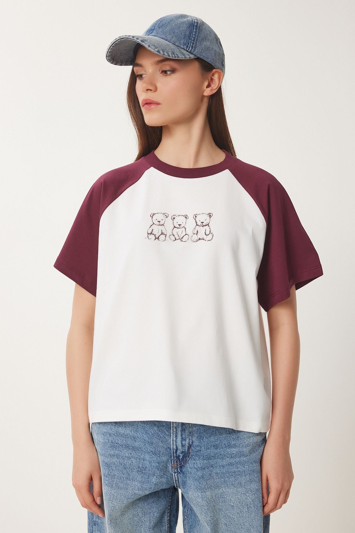 Bordo Kemik Ayıcık Baskılı Pamuklu Örme T-Shirt CR00477