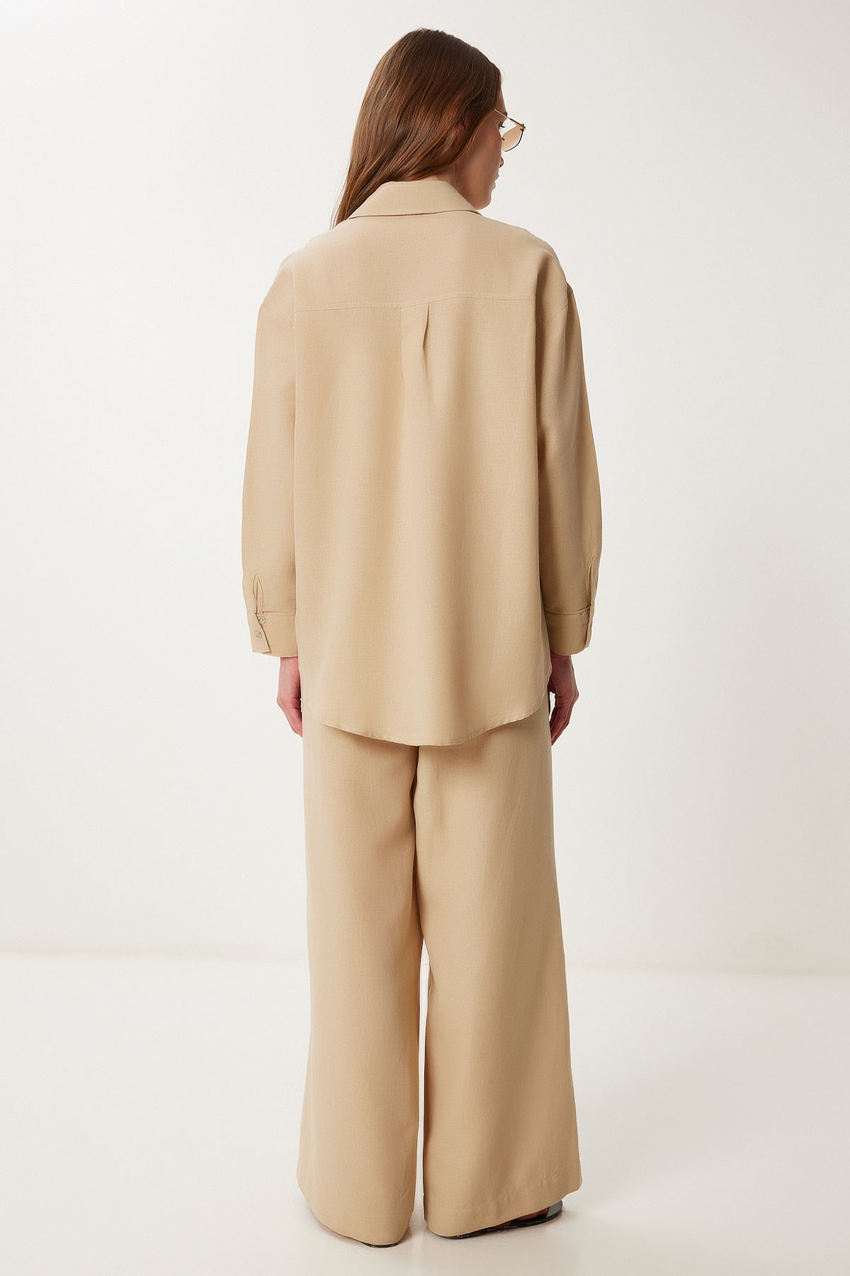Bej Oversize Keten Gömlek Pantolon Takım WF00118