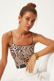 Siyah Bej Leopar Desenli İp Askılı Crop Örme Bluz AN00207