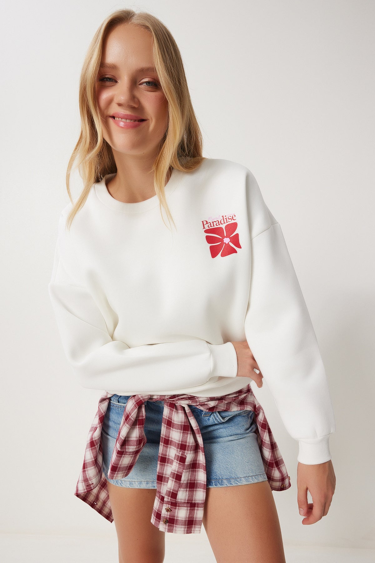 Ekru Baskılı Şardonlu Örme Sweatshirt BF00099