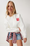 Ekru Baskılı Şardonlu Örme Sweatshirt BF00099
