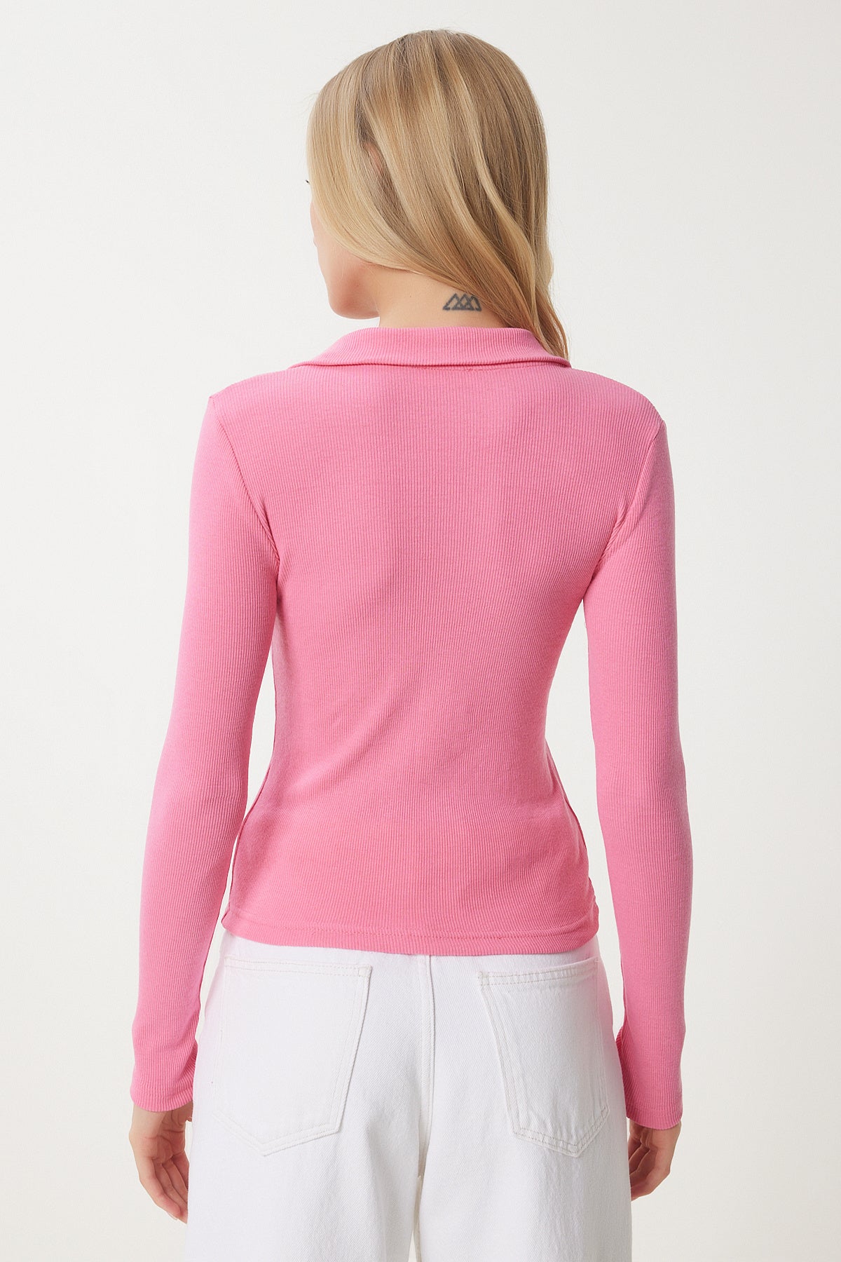 Pembe Polo Yaka Fitilli Örme Bluz GT00111