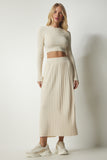 Krem Fitilli Triko Crop Etek Takım Kİ00106