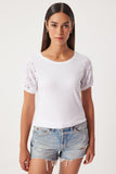 Ekru Güpür Kollu Pamuklu Basic Örme T-Shirt VF00001