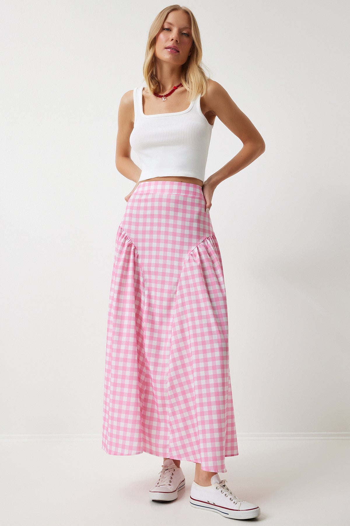 Pembe Pötikare Volanlı Yazlık Poplin Etek UL00024