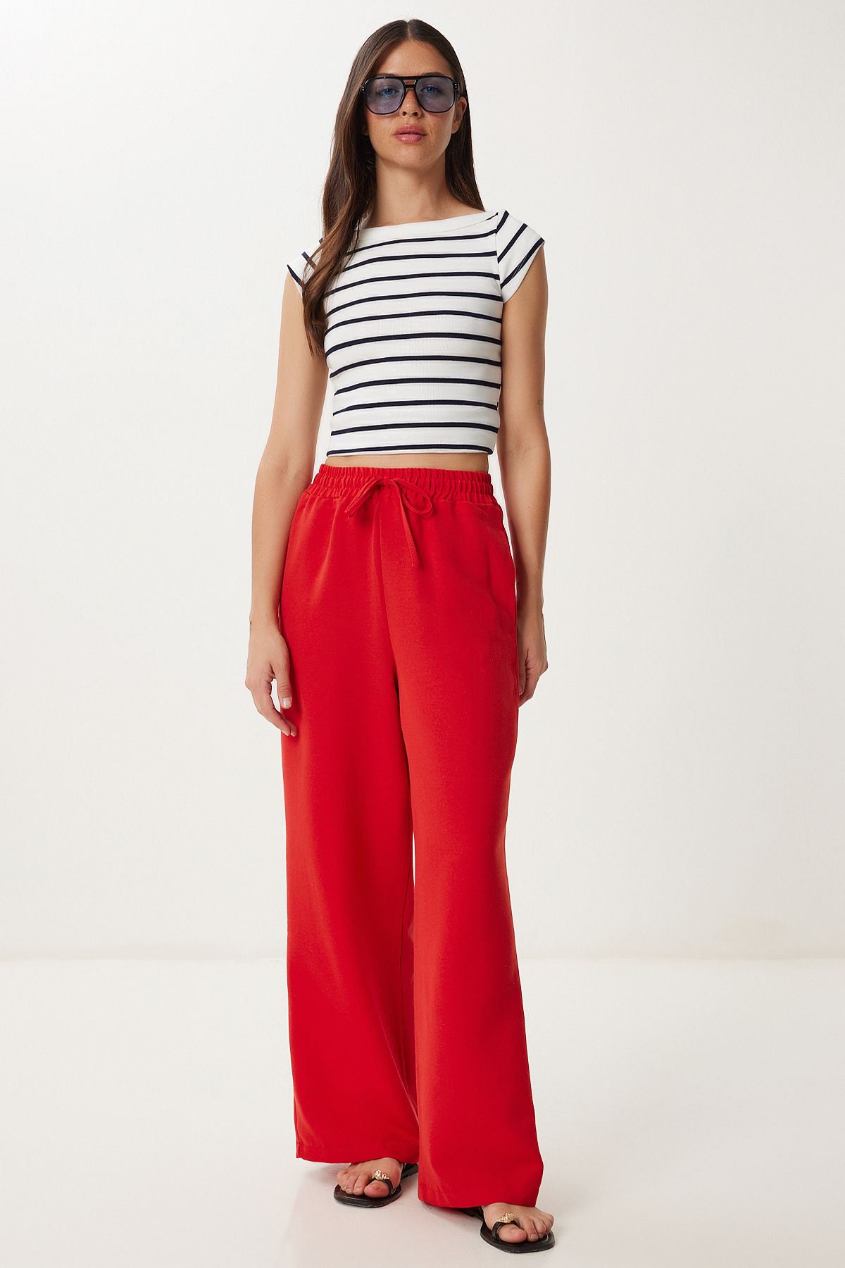 Kırmızı Geniş Paça Keten Pantolon DP00261