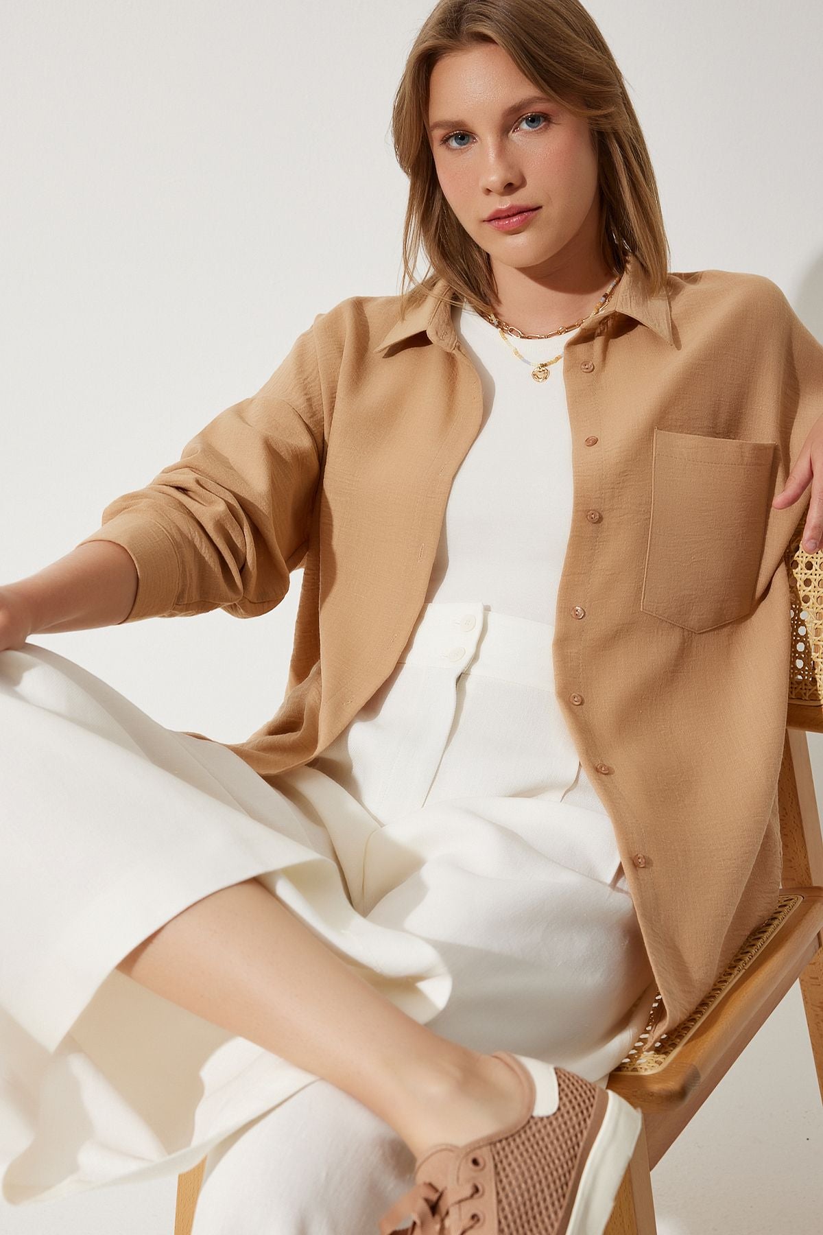 Bej Oversize Keten Ayrobin Gömlek DD01222