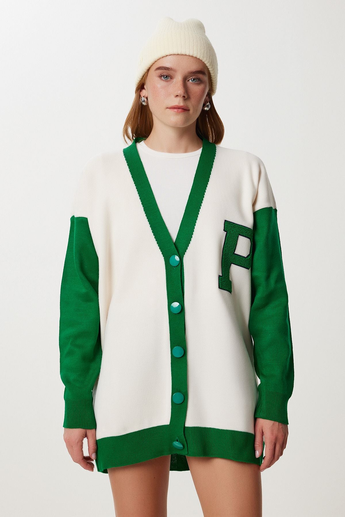 Yeşil Kemik Oversize Kontrast Renkli Triko Hırka YY00262