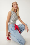 Kemik Siyah Çizgili Fitilli Örme Crop  Bluz UB00342