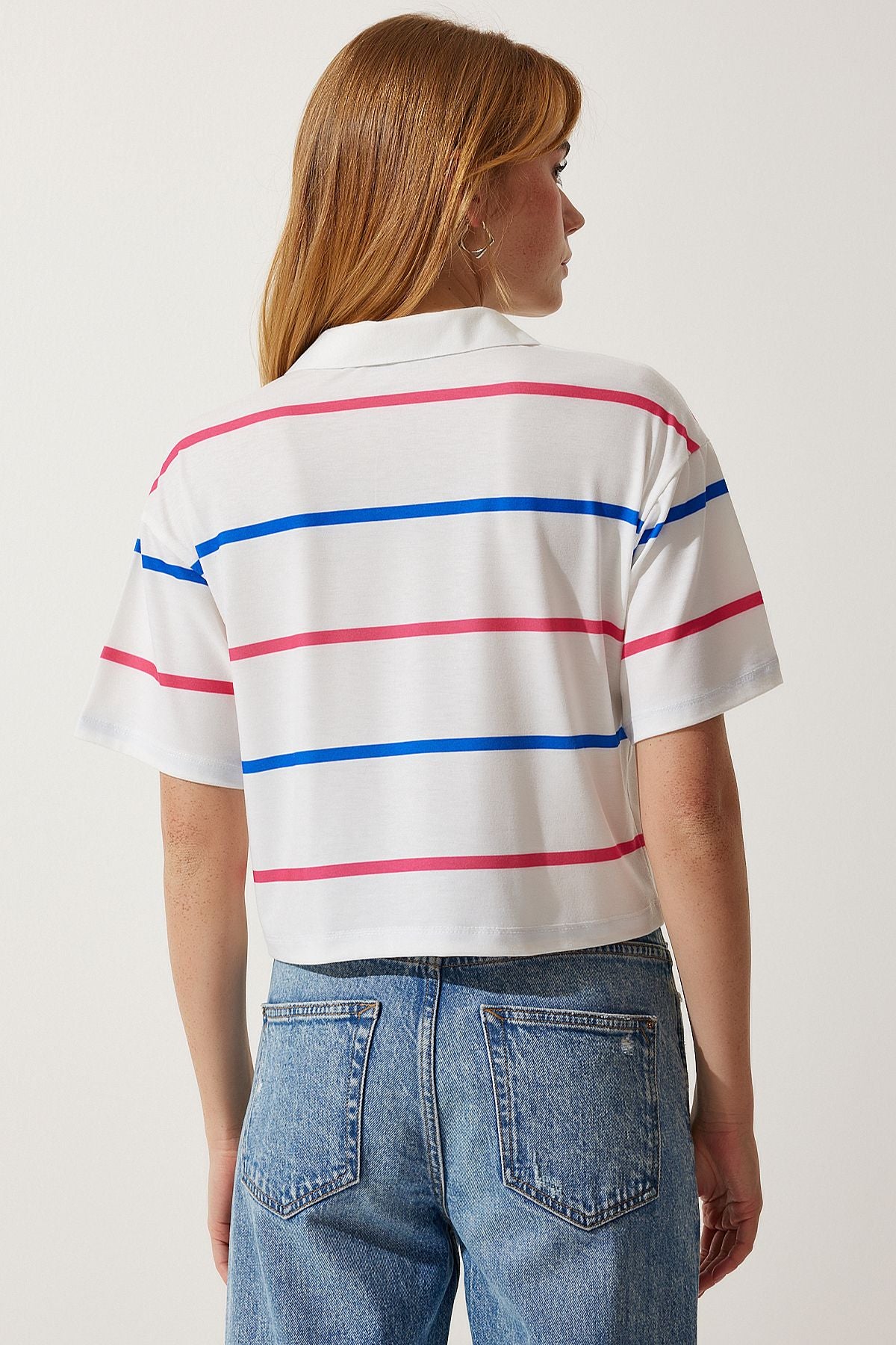 Ekru Pembe Polo Yaka Çizgili Kısa Örme T-Shirt HF00454