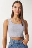 Gri Melanj Askılı Fitilli Crop Örme Bluz GT00030