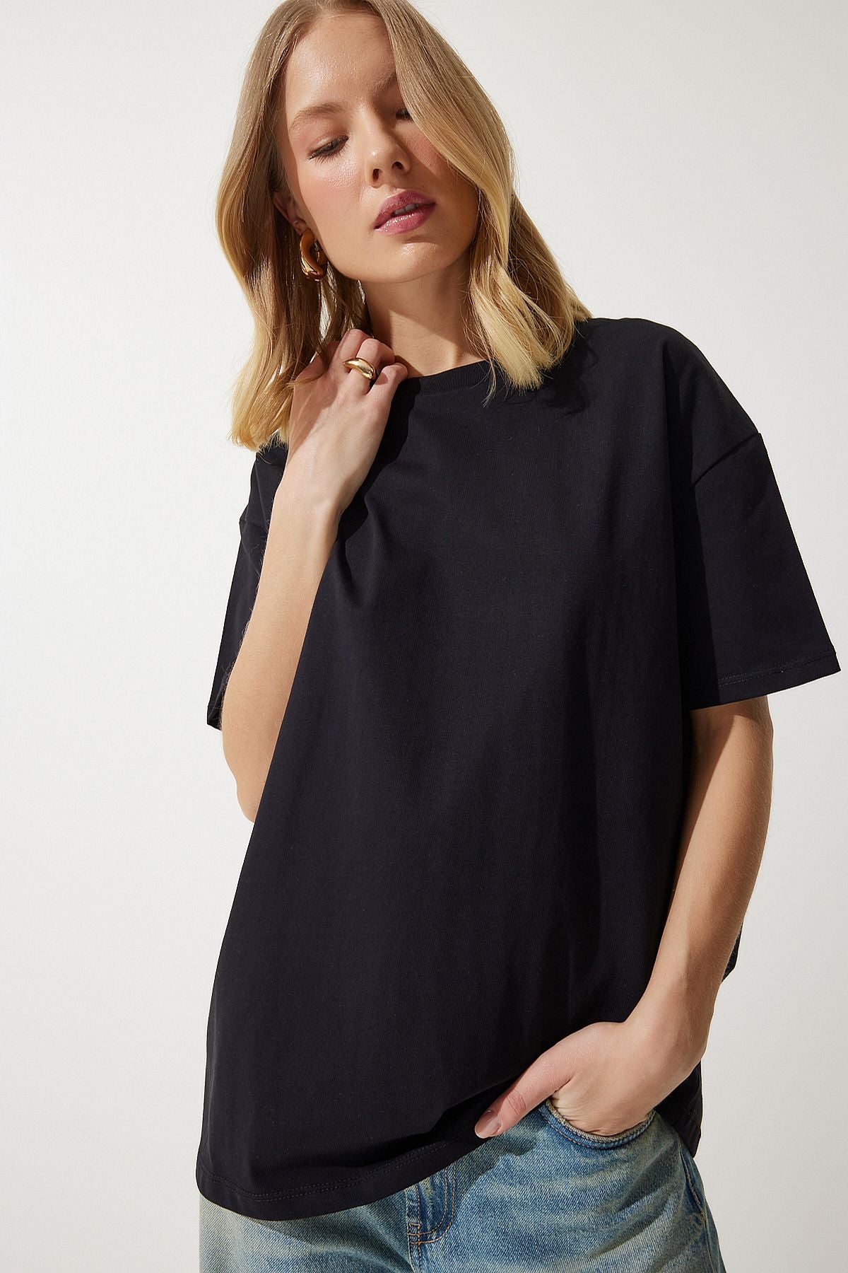 Siyah Bol Basic Pamuklu T-Shirt BP00151