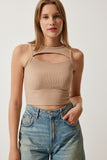 Bisküvi Cut Out Detaylı Fitilli Crop Örme Bluz KH00089