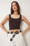 Kahverengi Kontrast Şeritli Crop Örme Bluz FW00005