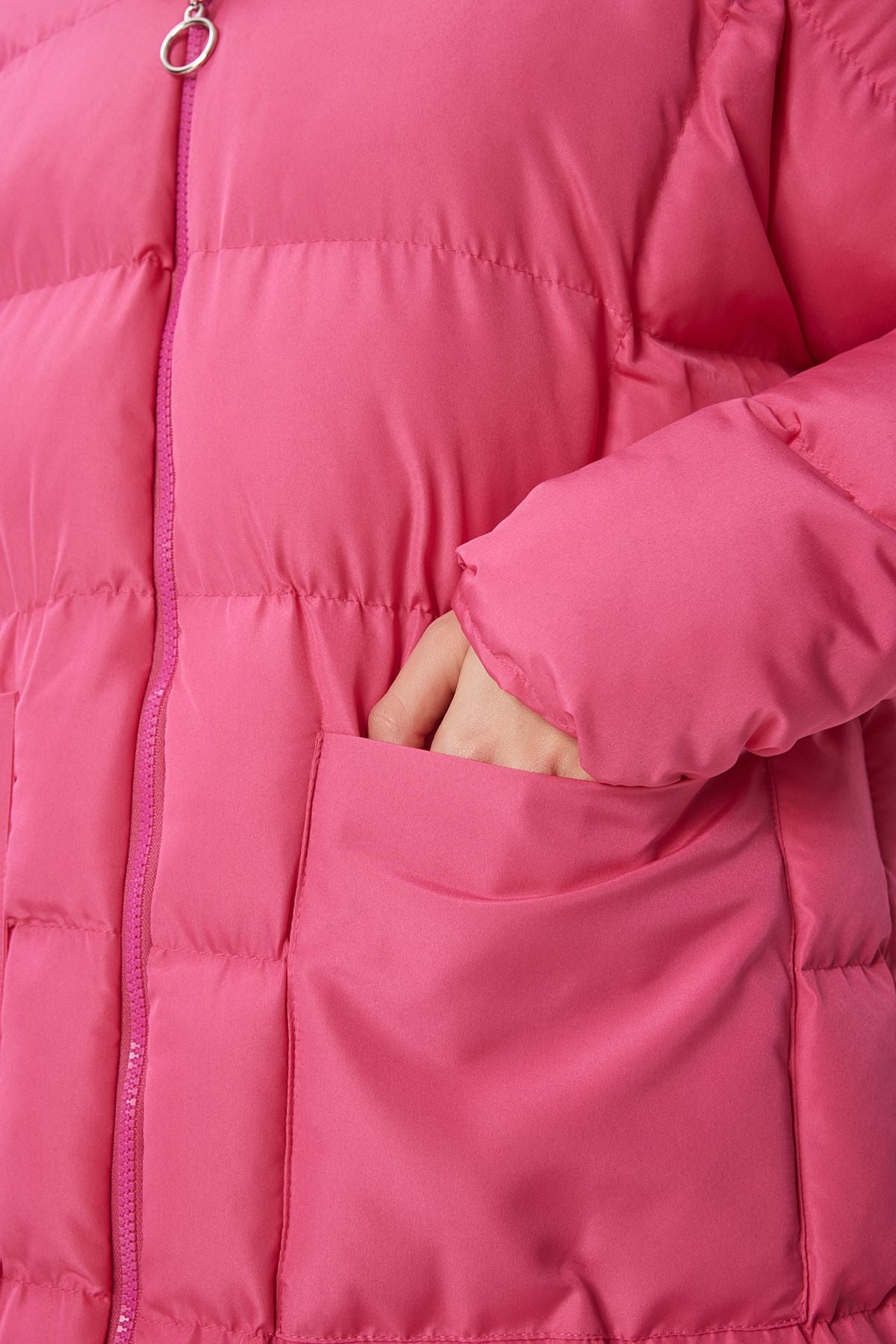 Pembe Kapüşonlu Oversize Uzun Şişme Kaban NT00428