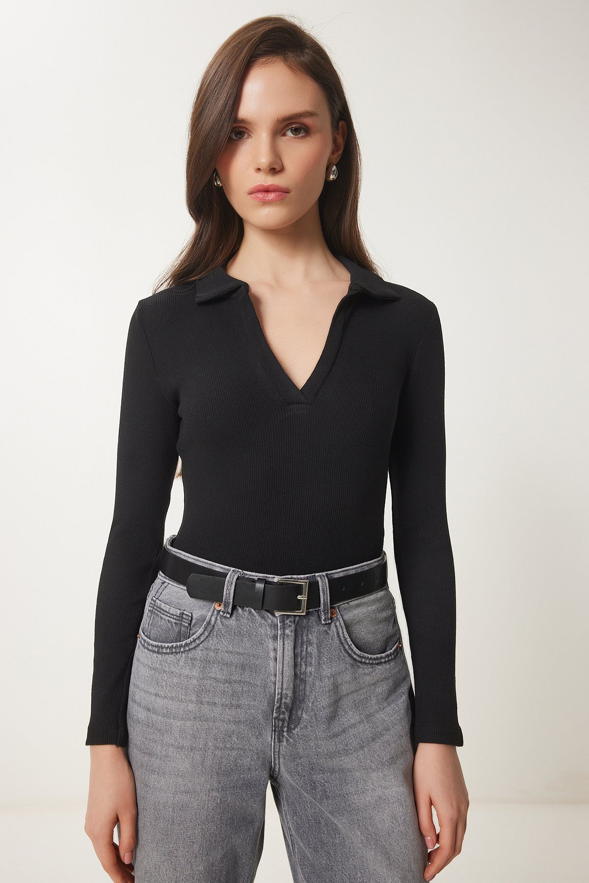 Siyah Polo Yaka Fitilli Örme Bluz GT00111