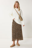Siyah Bej Leopar Desenli Pileli Dokuma Etek WF00090