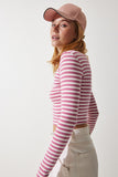 Gül Kurusu Bisiklet Yaka Çizgili Crop Örme Bluz CR00424