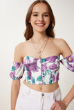 Mor Kemik Desenli Crop Viskon Bluz CR00510