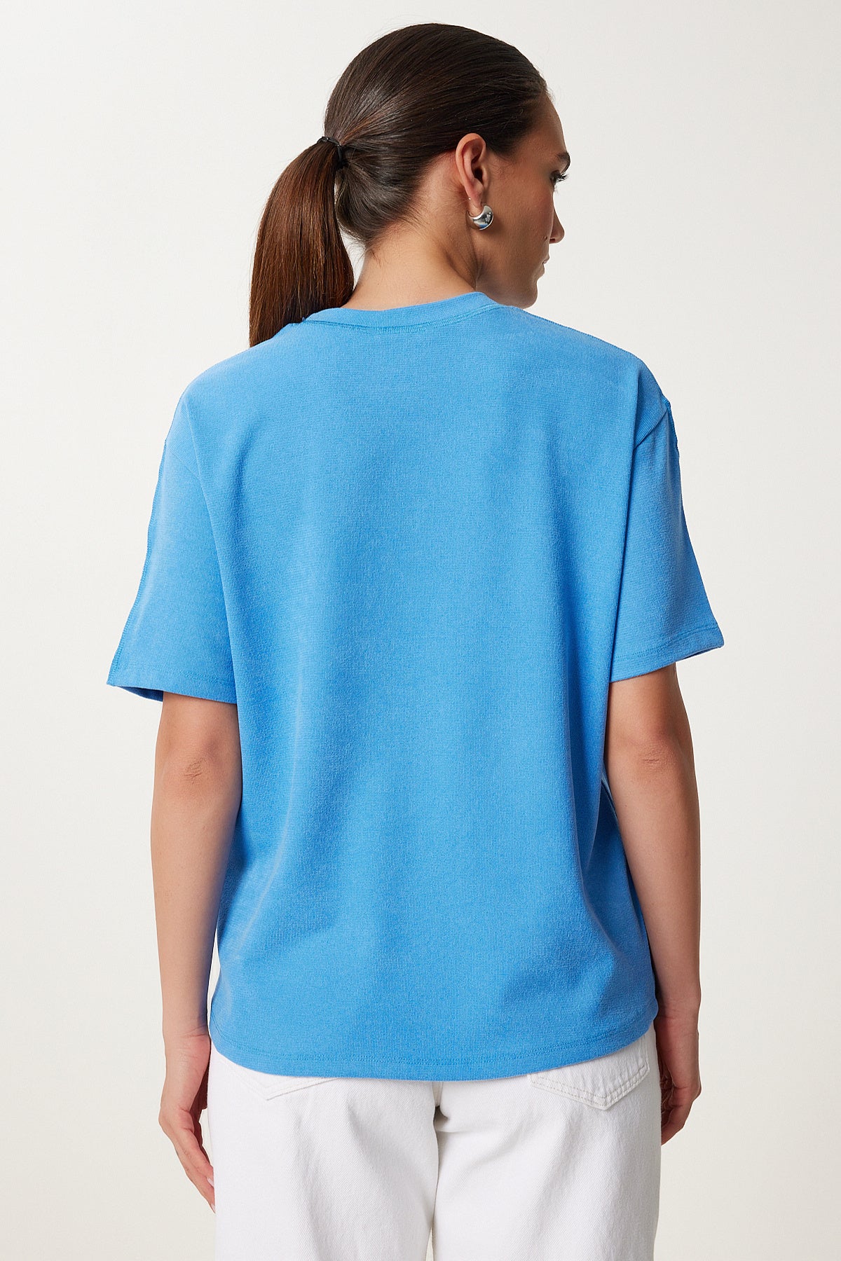 Gök Mavi Baskılı Oversize Örme T-Shirt AN00245