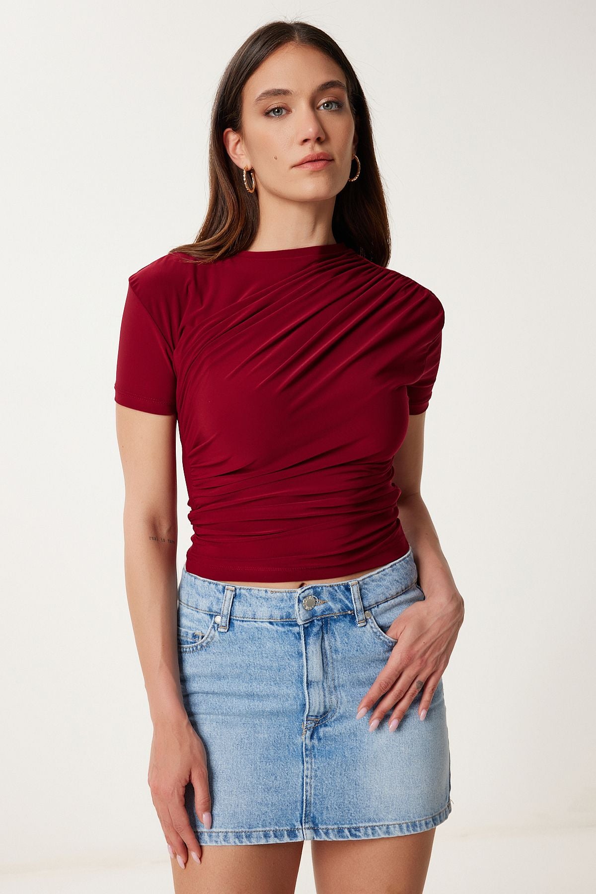 Bordo Büzgülü Sandy Örme Bluz FF00172