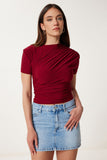 Bordo Büzgülü Sandy Örme Bluz FF00172
