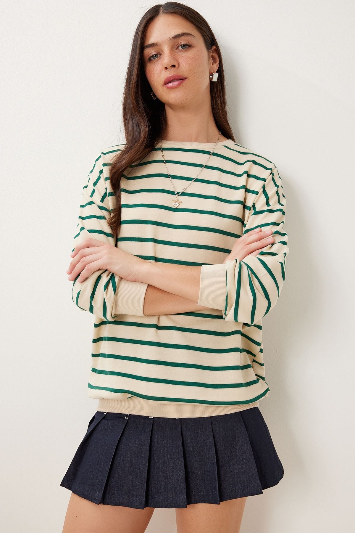 Krem Yeşil Çizgili Oversize Örme Sweatshirt ZV00339