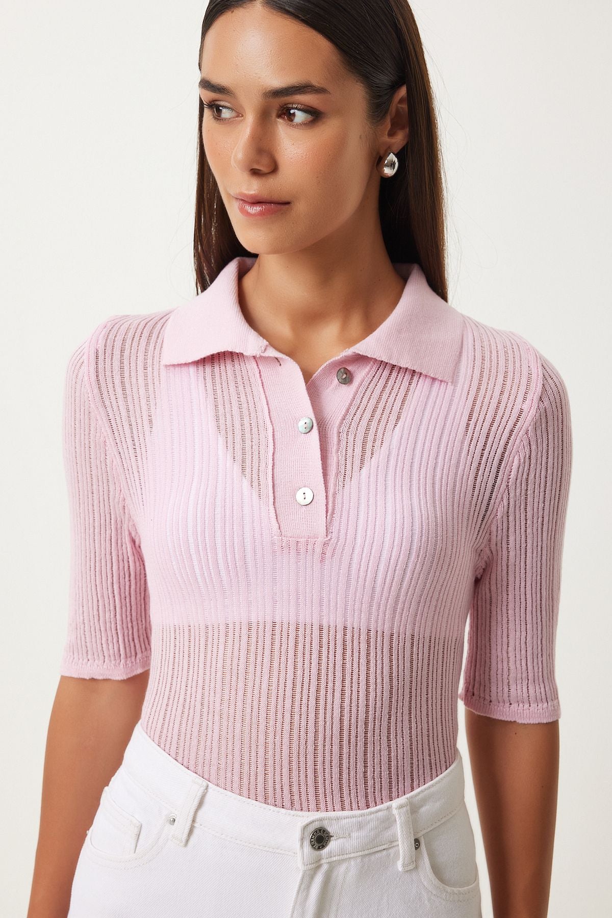 Pembe Polo Yaka Hafif Transparan Triko Bluz  FN03211