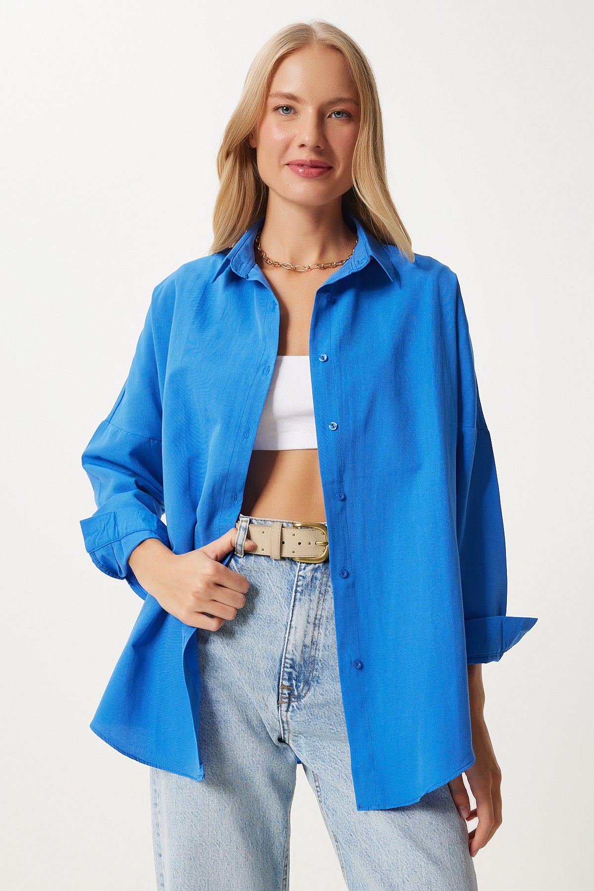 Canlı Mavi Oversize Uzun Basic Gömlek DD00842