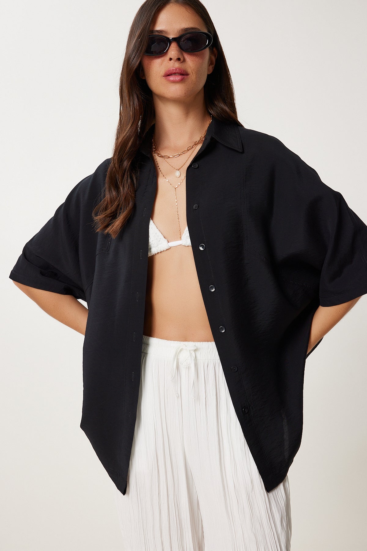 Siyah Oversize Dokuma Gömlek WF00130