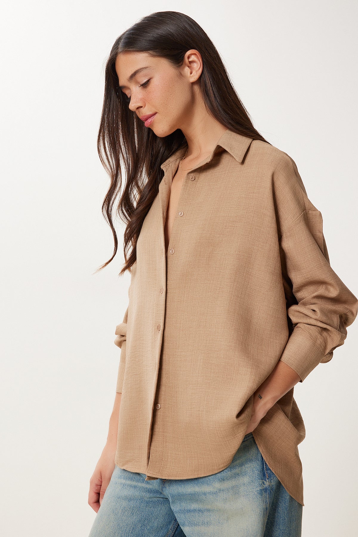 Bej Oversize Keten Gömlek PB00053